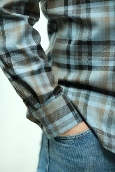 Uzun Kol Özel Kışlık Kumaş Pamuk Viskon Mavi-Kahve Çift Cep 574x-25k-1