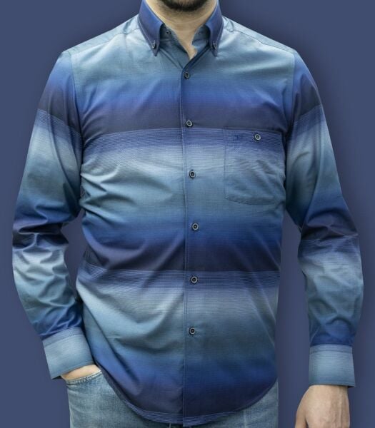 Uzun Kol %100 Pamuk Pano Desen Gömlek Lacivert-Saks Mavisi 574-25k-3