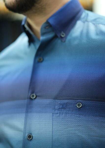 Uzun Kol %100 Pamuk Pano Desen Gömlek Lacivert-Saks Mavisi 574-25k-3